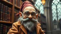 steampunk gnome wearing monocle in library old and bald tan coat