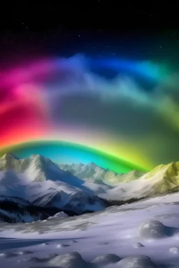 Ethereal rainbow over a snowy mountain range, with a full moon shining and starry sky in the background, mystical, peaceful, serene, winter landscape, high detail..