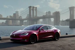 A Tesla 'Model Y' is parked, near the 'Pier 11' in Manhattan. (CINEMATIC, WIDE ANGLE LENS, PHOTO REAL)