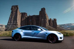 A Tesla 'Model S' is parked, near the 'Devils Tower' in Wyoming. (CINEMATIC, WIDE ANGLE LENS, PHOTO REAL)