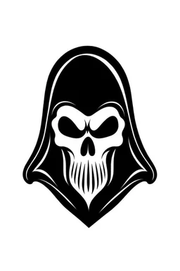 Extremely simple, fun and monochrome logo representing the face only of the grim reaper. Black on white background