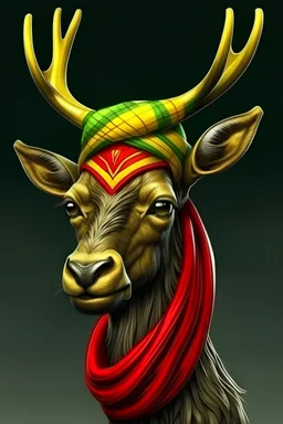 a deer with dreadlocks and green yellow red striped headband in photorealistic comic style in frontal view