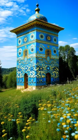 A cyan meadow near a burg designed in Oaxacan Alebrijes painted by Gustav Klimt