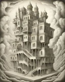 boceto escala de grises A captivating, surrealist painting of a gravity-defying, Escher-inspired building with multiple perspectives, impossible staircases, and fantastical elements that defy the laws of physics, set within a dream-like landscape.