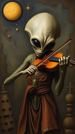 Hieronymus Bosch style , an alien playing the violin