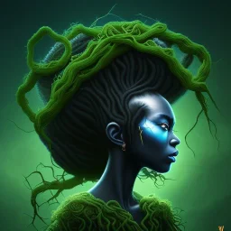 Painting .the face of A young black woman. A wood nymph emerging from the forest. Her hair looks like vines. Dreadlocs. Her skin is the colour of dark soil. Her skin looks like tree bark. Her clothing is made of vines, grass and leaves.