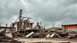 Abstract art: A chaotic construction site in the style of deconstruction, featuring twisted metal beams, shattered concrete, and exposed rebar under a stormy, gray sky. The scene is set in an abandoned industrial zone during a torrential downpour.