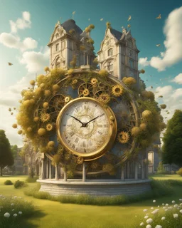 Create a 3d fractal base huge clock on a beautiful tower in a modern town with country houses and green field flowers , with see throgh golden gears rotating , showcasing a harmonious and synchronized movement. fast time passing in a beautiful nature environment