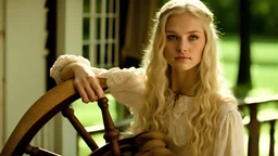 Closeup of A beautiful and slender caucasian 17 year old teen girl with long wavy platinum blonde hair. She is wearing a peasant dress with a coset. She is seated at a spinning wheel gazing at the viewer.