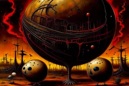 Goodness Greatness Great balls of fire, Distorted Unbalanced Reality, by Phlegm and Dave McKean and Santiago Caruso, it's all ball-bearings, connective metal automatron, surrealism, abstract surreal art, acrylics