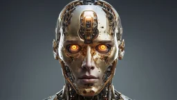 photorealistic, anatomically, physically correct full-length male body of an future AI cyborg. The face representing the horror and beauty of future technology. The AI's cyborg golden glowing eyes somehow represent eyes like one of a human . The body features futuristic, intricate futuristic designs all across the robots body. Front view.