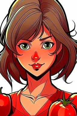 Tomato super Villain girl with dark brown hair and brown eyes in the style of The Boys Comic.