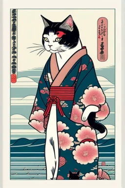 ukiyo-e style print of a cat with a human body wearing a soft yukata and walking by the sea