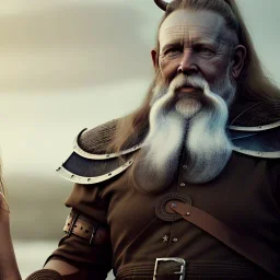 Viking theme, a younger woman sitting next to a 50-year-old man, portrait, 8K, close-up face, anatomically perfect face, Highly detailed stunning full frame portrait, misty and cloudy atmosphere