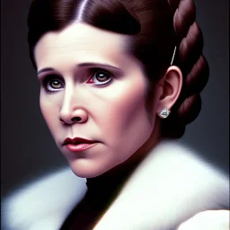 actress carrie fisher with symmetrical short hair, fur coat, 17th century, insanely detailed, 16k resolution, perfect eyes, round pupil, cinematic smooth, intricate detail, painted Renaissance style