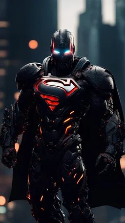 Superman wearing venom armor, face visible, sharp face focus, ready for batt, destroyed city in the background, deep perspective. bokeh, rim lights, light leaks, neon ambiance, abstract black oil, gear mecha, detailed acrylic, grunge, intricate complexity, rendered in unreal engine, photorealistic