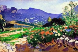 Mountains, sunny day, cloids, stone wall, flowers, pathways, grass, vegetations, distant trees, lesser ury and konstantin korovin impressionism painting