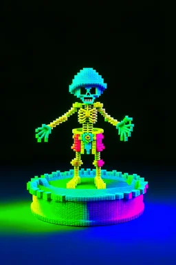 An pixel fantasy 3d model of a mini figure collectiables standing on a round plate: "PixelPirateWraith": Description: Ghostly pirate with pixelated peg leg, spectral parrot, and a treasure chest emitting a faint glow. Pose: Standing with a confident yet ghostly demeanor. Accessories: Peg leg, spectral parrot, treasure chest with faint glowing effect. Pixelated Texture: Visible in clothing, peg leg, parrot, and treasure chest.