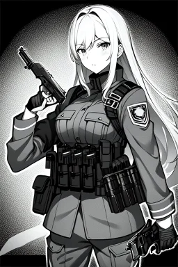 military girl takes out pistol, greyscale