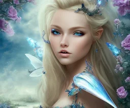 mondo fantasy con una splendida fatina dal volto bellissimo,con occhi blu e capelli biondi con le ali cristallo che vola in un campo di fiori luminosi