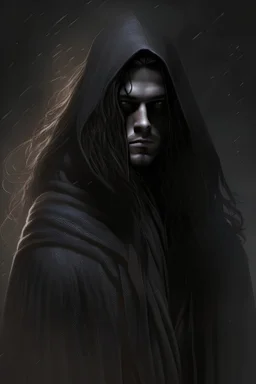 A dark Jedi, handsome,long hair, hooded, dark aura, ominous, tall