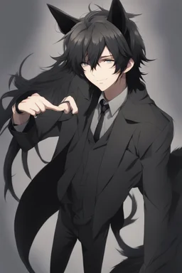 A male anime man with messy black hair, large black cat ears and tail