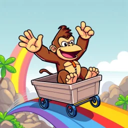 vector Cartoon Donkey Kong riding a rainbow in a cart in pixel