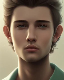 boy, cute, young, brown hair, green eyes, medium hair, close up, head and shoulders portrait, head and shoulders portrait, 8k resolution concept art portrait by Greg Rutkowski