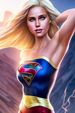 hyper realist, hyper detailed, stunningly beautiful blonde supergirl, athletic realistic body, by greg rutkowski, magali villeneuve, artgerm, wlop, rossdraws, concept art, digital painting