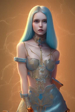 isometric clean art of super beautiful lady, soft lighting, shin hanga high definition, blender 3d, beautiful, long hair, bismuth filigree blonde hair, skin-tight metallic orange and teal cropped top and miniskirt