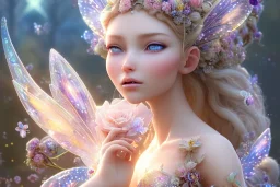 one very little beautiful fairy on a big crystal subtle flower in a galactic ambiance, transparent petals, delicate colors, in the foreground, full of details, smooth, bright sunshine，soft light atmosphere, light effect，vaporwave colorful, concept art, smooth, extremely sharp detail, finely tuned detail, ultra high definition, 8 k, unreal engine 5, ultra sharp focus