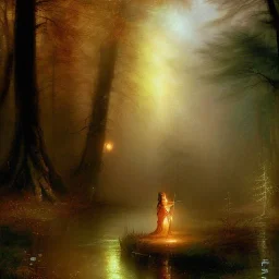 romantic fantasy spray painting, william Turner, watercolor, dark robed poet playing lute in magical forest