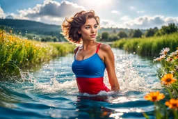 beautiful girl supper model, in nice red top ,blue short pants, with curvy hair,perfect face,perfect eyes,,swimming in water with splash,country side wavy narrow river ,wild flowers ,blue sky nice clouds