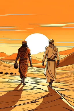 Drawing of a Bedouin man walking with his friend towards sunset in a desert