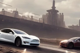 A Tesla 'Model S' is drifting at top speed, in the 'Cloud City' of Bespin. CINEMATIC. WIDE ANGLE LENS. PHOTO REAL.