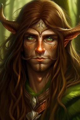 Gnom, braune lange wilde Haare, große, auffällig dicker Nase, grüne Augen, sehr jung (etwa zwanzig Jahre) , Druide, gebräunte Haut, Zeichen im Gesicht, keine Falten im Gesicht, etwas dicker, Mann