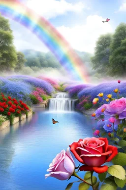 Trés belles roses, rainbows, beautiful colors gardens , flowers, cascades,Birds, butterfly