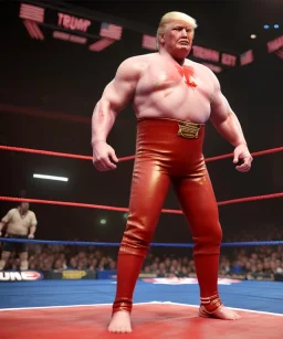 Photo realistic, Wrestler Donald trump, wrestling, American shot, sweat, blood, red breeches, suspenders, retro style, 80s, hot ambient, photo studio, vibrant color, gradient, highly detailed, art stations, concept art, smooth, unreal engine 5, god rays, ray tracing, RTX, lumen lighting, ultra detail, volumetric lighting, 3d, finely drawn, high definition, high resolution.