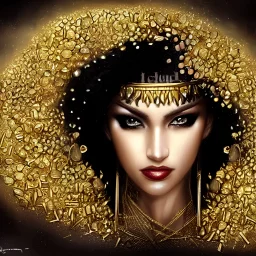 Beautiful egyption queen, surrounded by gold, gold coins rain down "Candy,luis royo, artgerm, Incredibly detailed, soft vibrant colors, Hyper-Realistic, Hyper-Detailed, dark aura, gold and black hue, supple, perfect face, perfect eyes, perfect proportions"