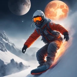 snowboarding in sky moon agressive, very detailed, fire, sci-fi