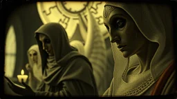 Daguerrotype close up some mysterious figures, odd background, cinematic, Hieronymus Bosch Max Ernst ambient light, by Minicavio Quollati and Marlost Endgulp, Amano, Botticelli, Alphonse Mucha