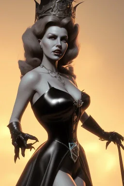 Rita Hayworth as evil queen in black leather, busty, cleavage, dominatrix, curvy, angry, stern look. character design by cory loftis, fenghua zhong, ryohei hase, ismail inceoglu and ruan jia. unreal engine 5, artistic lighting, highly detailed, photorealistic, fantasy