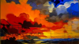 Orange colored lightning clouds painted by Piet Mondrian