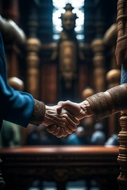 handshake in the temple,shot on Hasselblad h6d-400c, zeiss prime lens, bokeh like f/0.8, tilt-shift lens 8k, high detail, smooth render, down-light, unreal engine, prize winning