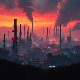 en framtidsvision med industri, robotar och en överhypad storstad, neon och rök, smog från stora industrier i bakgrunden som ryker från skorstenar, öde landskap, dystopi, simon stålenhag style