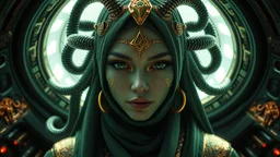 mdjrny-v4 style Medusa, greek mythology, young female face, green aesthetic, young female face, golden ratio, symmetric, elegant, ornate, luxury, matte painting, ultra realistic, concept art, intricate details, highly detailed, photorealistic, octane render, 8k, unreal engine, sharp focus, volumetric lighting unreal engine. art by artgerm and greg rutkowski and Alphonse Mucha and Vraska GolgariHijabi cute girl with cyberpunk prosthetics, with QURAN, in islamic dress, long hair, Spaceship inside,
