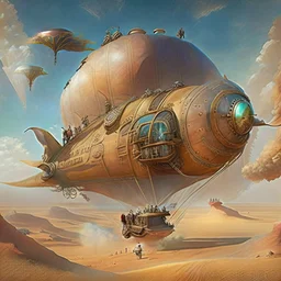 Create an image of a steampunk-inspired airship soaring over a vast desert, with a crew of adventurers on board.