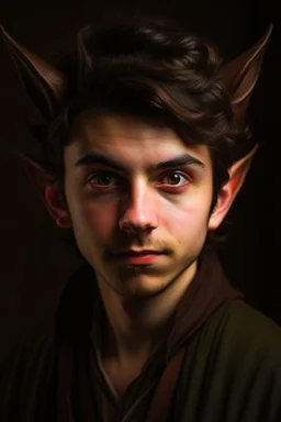 A portrait of a young elf, a wizard, spike ears, brown hair, Caravaggio style