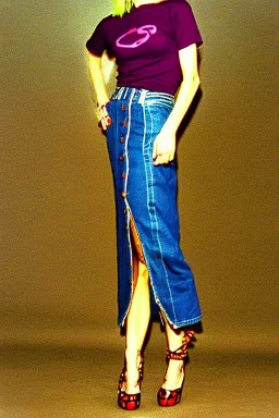 year 1996 denim fashion. Loose skirt, low waist. Combat t-shirt. Colors: denim blue, blue, purple, cream, khaki, light green, lilac, plum, orange, terracotta, red, light yellow, pink, dark blue, beige. Latex in small part. Something between camouflage and cheetah prints.. Gwen Stephani, Shirley Manson.