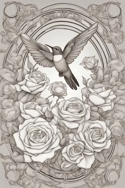 Mandala of blooming roses coupled with hummingbird details, mature coloring artwork, contour, vector, clean line art, white background, detailed, black and white, in the style of kalamkari design